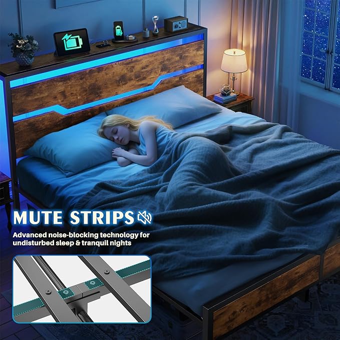 Full Size Bed Frame with LED Lights & Charging Station,Bed Frame Full with Headboard & 13" Under Bed Storage, All-Metal Support System, No Box Spring Needed, Easy Assembly,Modern Brown