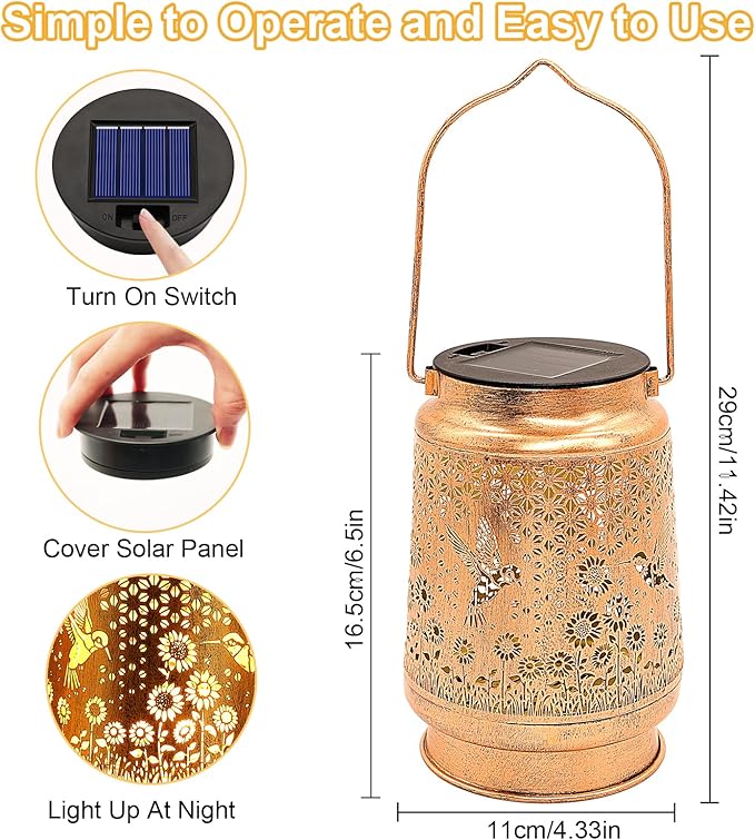 2 Pack Hummingbird Solar Lanterns Outdoor Garden Decor, Christmas Gifts for Women Mom Grandma, Hanging Metal Solar Lights Waterproof LED Decoration with Shepherd Hook Outside for Yard Patio Lawn Porch