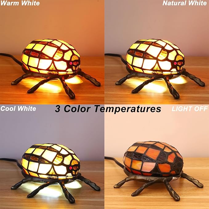 Tiffany Table Lamp Beatles Night Lights for Kids 3 Color Temperature Bedside Night Light for Bedroom,Living Room,Real Stained Glass Shade +Metal Base+LED Bulb
