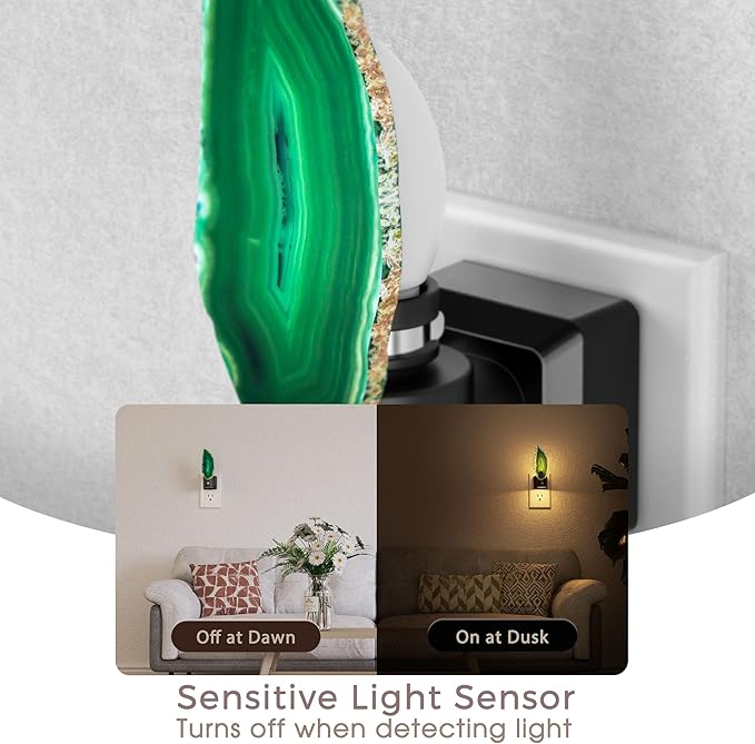 Briignite Agate Night Lights Plug into Wall, Dimmable Night Lights with Adjustable Brightness, LED Nightlight with Dusk to Dawn Sensor, Green Healing Stone Agate 3000K Warm White for Hallway Bedroom