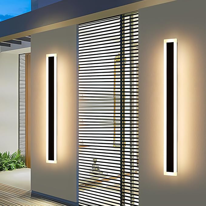 Upgrade Widened 2 Pack LED Outdoor Wall Lights, 57inch Modern Lighting Fixture, 3000K Warm White, IP65 Waterproof, 50W, White Acrylic, Black Minimalist Wall Mount Sconce for Balcony, Yard, Fence