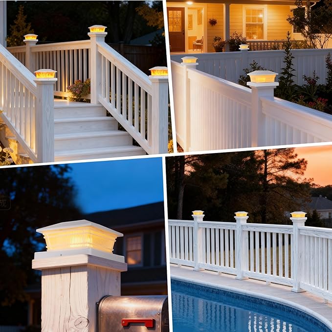 8 Pack Flame Post Solar Lights, Flickering Flame & Warm Light Solar Lights for Fence Posts, Waterproof Deck Post Lights for Porch Garden Yard for 4x4 5x5 6x6 Vinyl/Wooden Posts, White