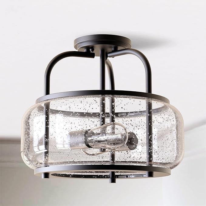 Elisha 2-Light Semi Flush Mount Ceiling Light with Seeded Glass Shade Dark Bronze Finish for Hallway, Entryway, Passway, Dining Room, Bedroom, Garage, Kitchen, Balcony