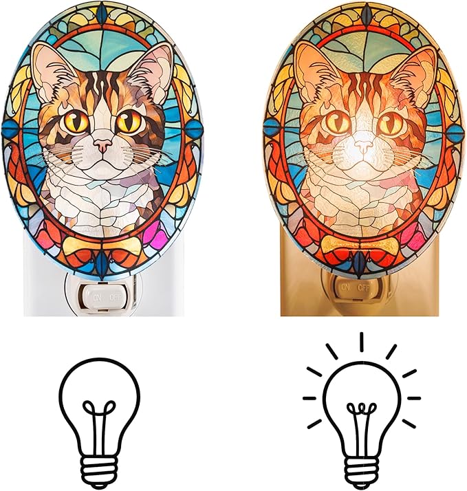Cat Night Light Tabby Made with Real Glass Plug-in Vertical Outlet Bulb Included On/Off Switch Gift for Cat Lovers Pet Memorial