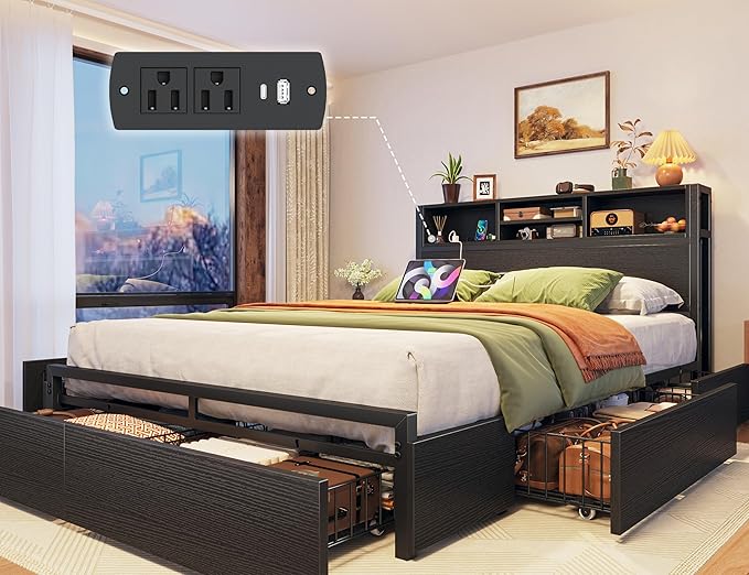 EnHomee Full Size Bed Frame with 6 Storage Drawers Full Bed Frame with Headboard, Storage Bed with Charging Station, No Noise,No Box Springs Needed,Black