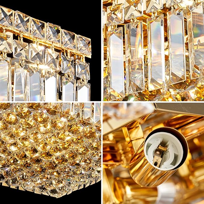 12-Lights Gold Crystal Flush Mount Ceiling Light Fixtures,Elegant Crystal Chandelier Pendant Ceiling Lamp for Bedroom,Living Room,Dining Room,Hallway H5.9 x W20 x L20 (Bulb Not Included) Square