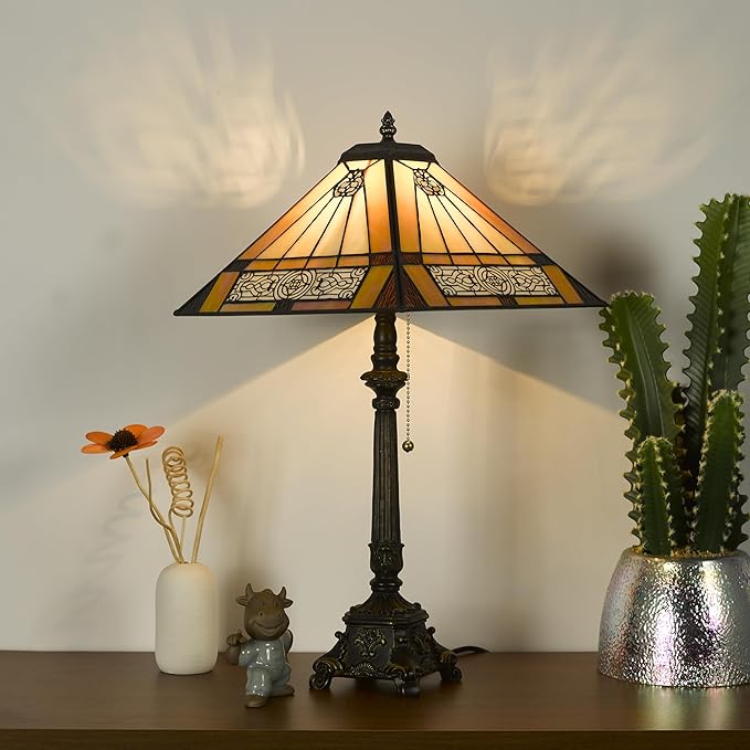 Tiffany Table Lamps Yellow Stained Glass Striped Checkered Style Mission Desk Lamp 12X12X24 Inch Bronze Resin Base