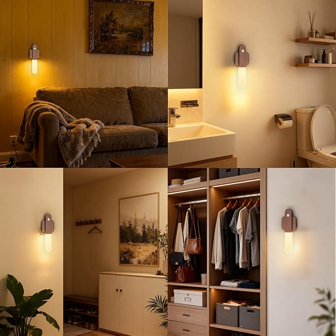 Motion Sensor Night Light - Wireless Wall Light, Battery Operated Wall Sconces Set of 3, Magnet Rechargeable LED Lights, Stairs Lights, Decor for Bedroom, Hallway, Living Room (Walnut Wood 3PCS)