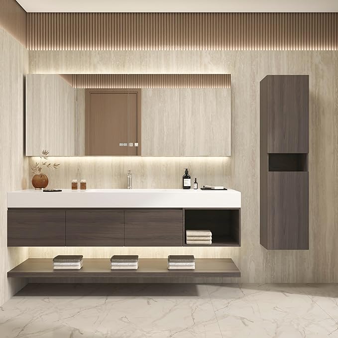 60" Modern Floating Bathroom Vanity Set with Sink, Side Cabinet, LED Smart Mirror Cabinet, 3 Soft-Close Drawers & Open Storage Shelves, Grey Oak