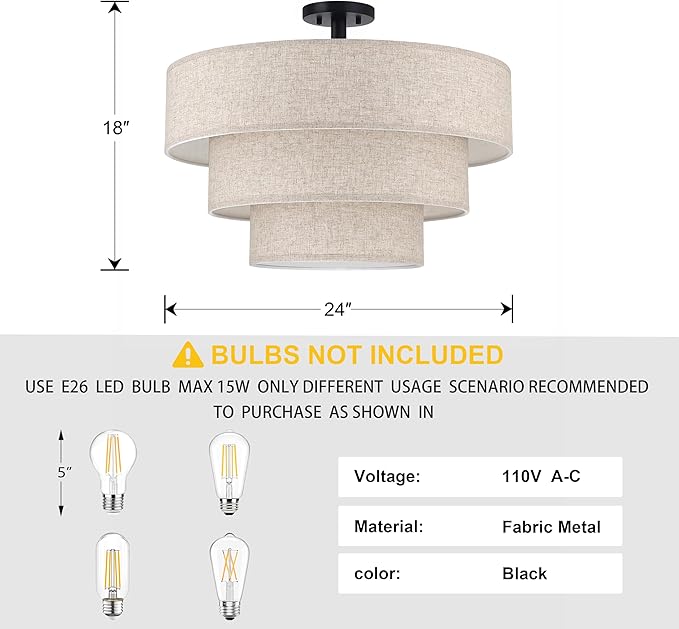 Doraimi Lighting 3 Tier Milky Apricot Linen Drum Fabric Semi Flush Mount Light Modern Farmhouse Decor 7 Light 24 Inch Black Finish for Kitchen Living Room Dining Room Corridor Hallway