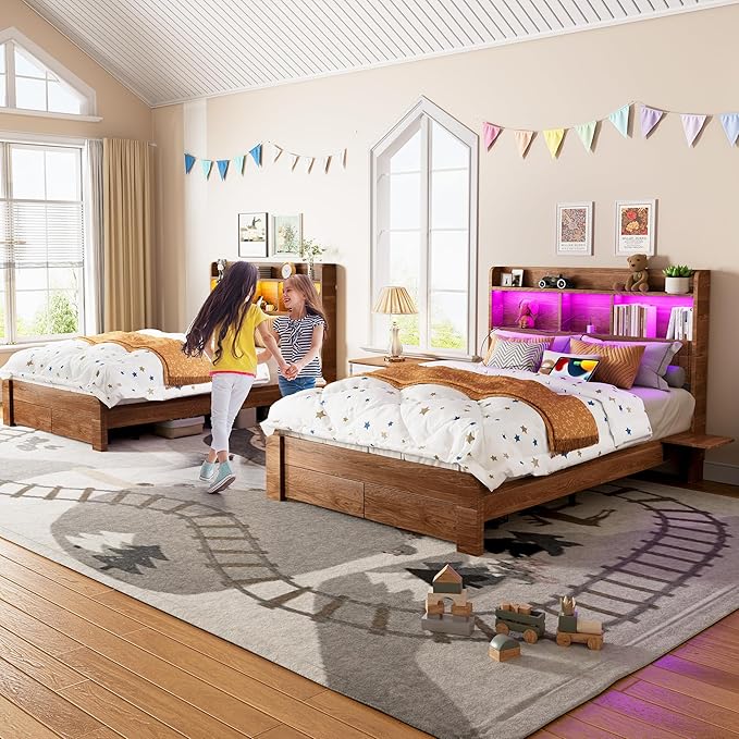 Full Size Bed Frame with 2-Tier Storage Headboard, LED Lights, Charging Station, 2 Drawers, 800lbs Capacity, Wood & Metal Platform, Noise-Free, No Box Spring Needed, Barn Door Design