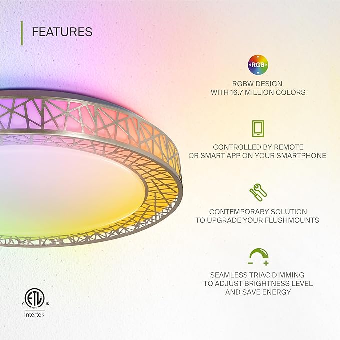 ASD 20 Inch Smart RGBW Flush Mount Ceiling Light with Remote - Brushed Nickel 42W 120V 2700-6500K Dimmable Ceiling Light Fixture, WiFi App Control RGB Lights, Alexa & Google Assistant - ETL