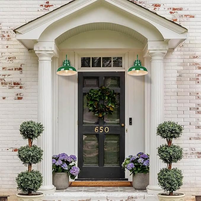 Outdoor Barn Light, Rustic Outdoor Wall Sconce, Farmhouse Exterior Wall Mount Light, Vintage Indoor Wall Lighting Fixture, Industrial Green Lantern Lamp for Porch, Garage, Patio, RZ007 GR+WH