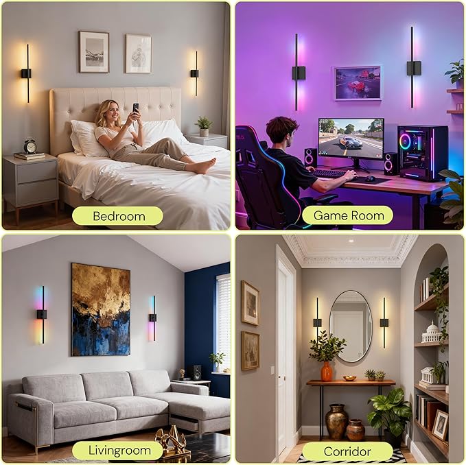 L LOHAS LED Peel and Stick on Battery Operated Wall Sconces Set of 2, Magnetic Linear Wall Sconce Easy Install witg Removable Battery, No Drill, Sconces Wall Decor Set of for Livingroom, Black 27.7in