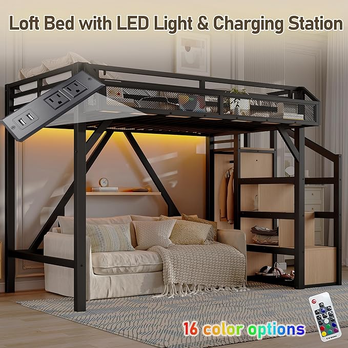 Bellemave Twin XL Loft Bed Frame with Storage Stairs, Beside Shelf & Wardrobe, Metal Loft Bed Twin XL with USB Ports & LED Light, Large Under-Bed Space Loft Beds for Adults, Teens, Kids, Black Natural