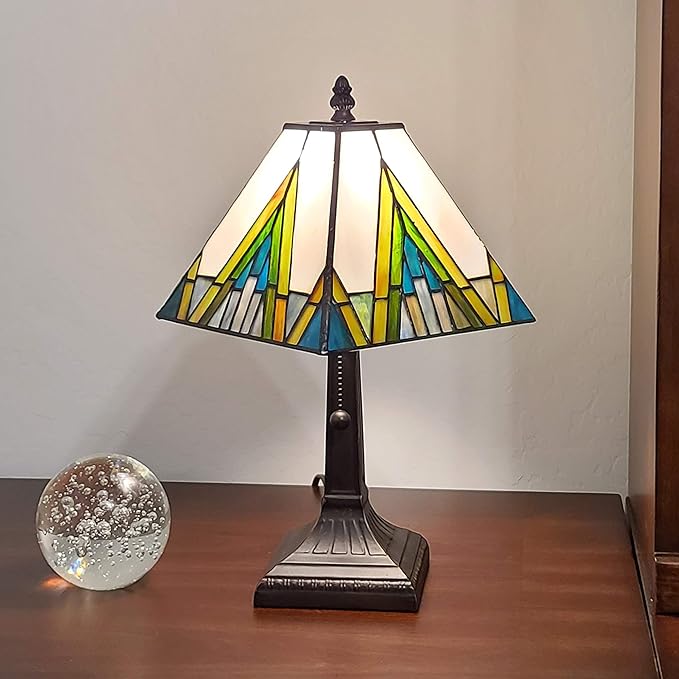 Tiffany Style Accent Table Lamp Banker Mission 14.5″ Tall Stained Glass Ivory Green Blue Yellow Antique Living Room Bedroom AM363TL08, Amora Lighting