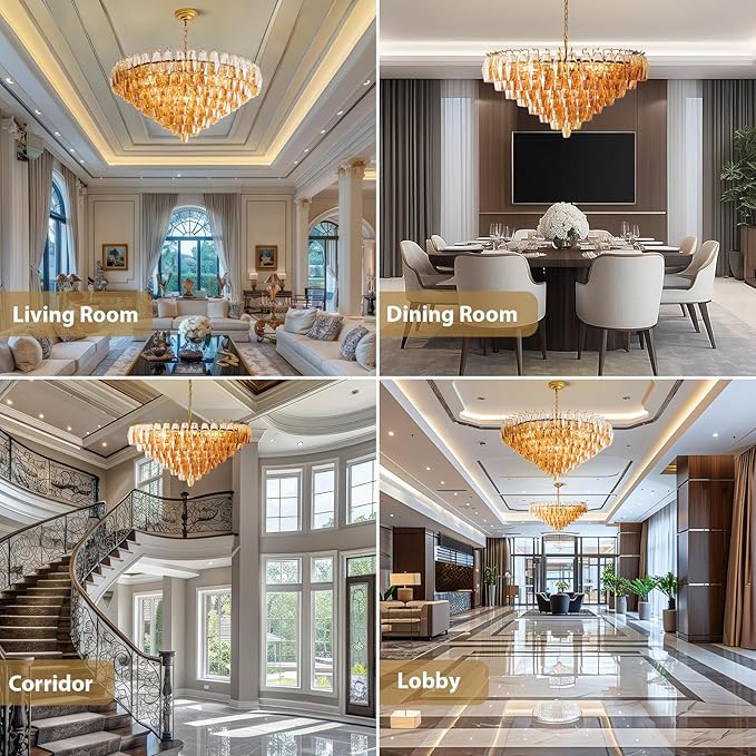 37" Extra Large Chandelier, 14-Light Gold Modern Round Chandelier for Living Room, Tiered Smoke Blown Glass Brass Chandeliers, Hanging Light Fixture for Bedroom, Dining Room, Foyer, Entryway