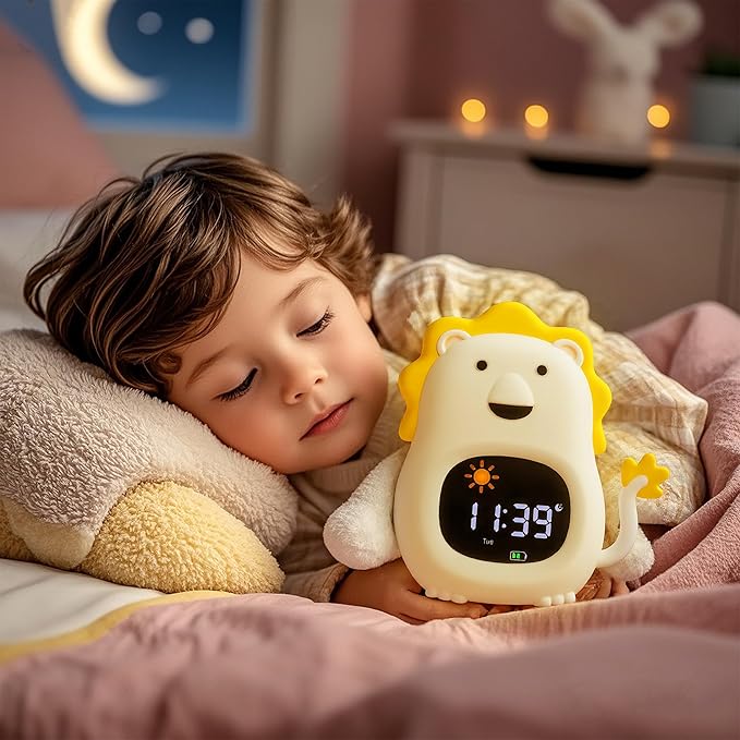 Kids Alarm Clock,Soft White Noise Sleep Trainer,Bedroom Kid Night Light Clock, Kid Wake-up Clock with Snooze Function,Bedtime Companion for Independent Sleep (Lion)