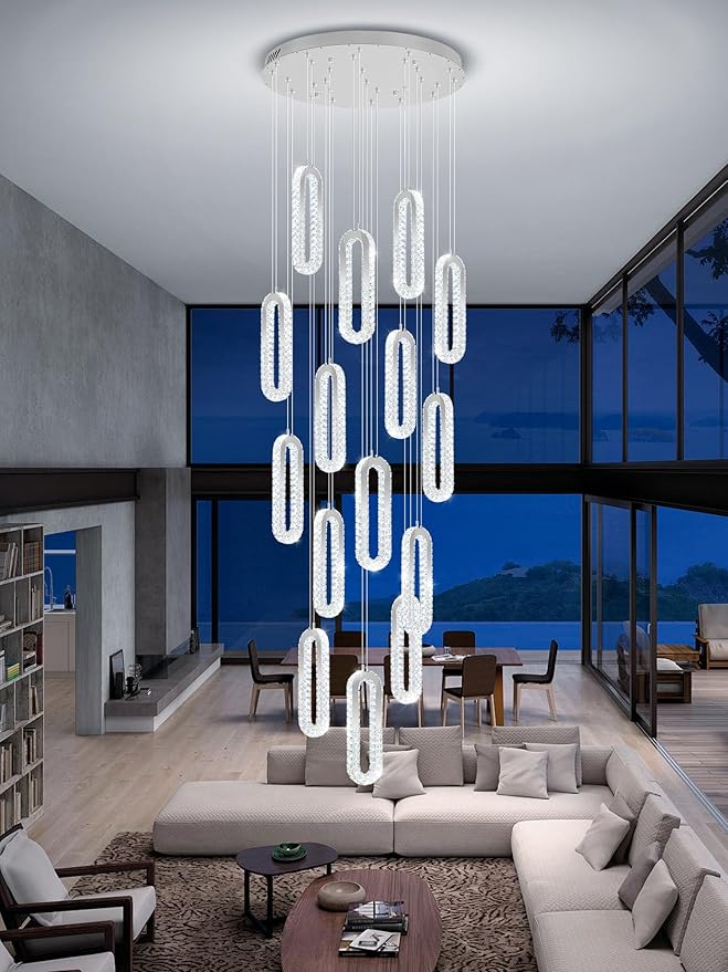 H138 LED Crystal Chandelier, Contemporary Chandeliers Large Pendant Light for High Ceiling Silver