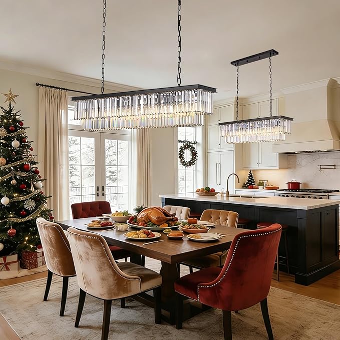 Rectangle Dining Crystal Chandelier, L39 Hanging Pendant Light with Adjustable 59" Wire, K9 Crystals, E12 Bulbs Base, Modern Ceiling Light Fixture for Kitchen Island