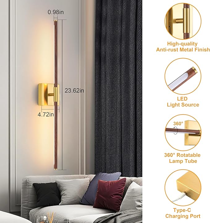 40″ Walnut Battery Operated Wall Sconces Set of Two, Dimmable Wall Sconce with Remote Control, Rechargeable Sconces Wall Lighting, LED Wireless Wall Lights for Bedroom, Living Room