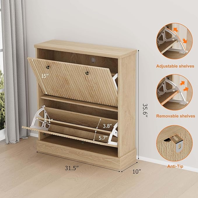 GarveeHome Shoe Cabinet with 2 Flip Drawers, Hidden Wooden Fluted Shoe Cabinet with Adjustable Shelf, Freestanding Shoe Storage Cabinet for Entryway Hallway, Living Room, Natural Oak