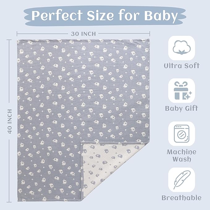 NTBAY 3 Layer Muslin Cotton Toddler Blanket, Jacquard Reversible Nursery Bed Blanket, Super Soft and Thermal for All Seasons, Decoration Gift, 30"x40", Blue Elephant
