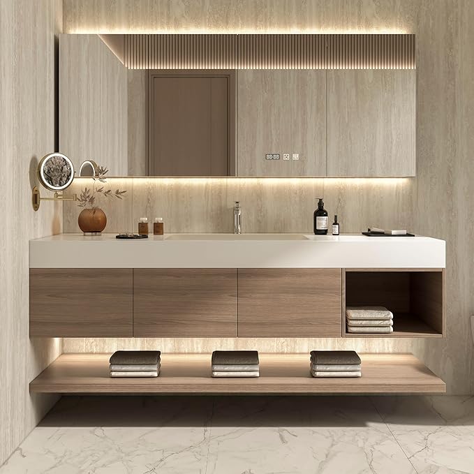 60" Modern Floating Bathroom Vanity Set with Sink, LED Smart Mirror Cabinet, 3 Soft-Close Drawers and Open Storage Shelves, Light Walnut