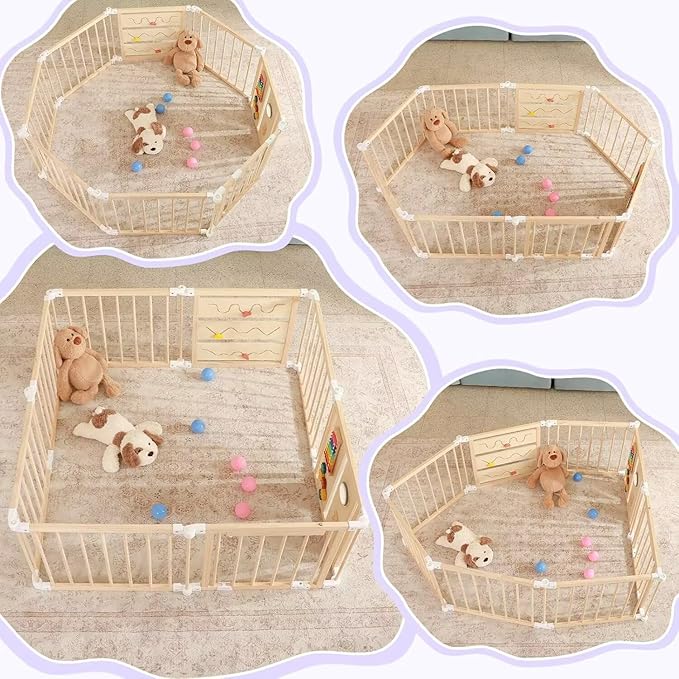 Foldable Wooden Baby Playpen with Soft Play Mat, Adjustable Playpen for Babies and Toddlers with 36 Colorful Balls, Portable Baby Fence Play Area Activity Center with Gate for Toddlers(56x56x23inches)