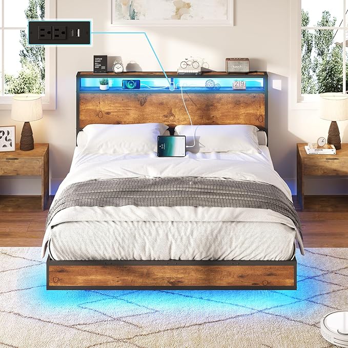 AMERLIFE Full Size Floating Bed Frame with 2-Tier Storage Headboard, Metal Bed Frame with Charging Station & LED Lights, No Box Spring Needed, Rustic Brown