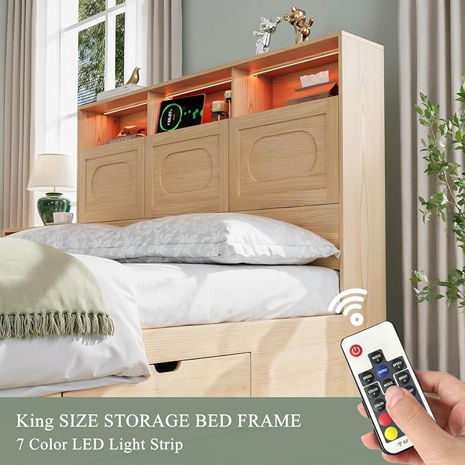 Queen Size Bed Frame with Storage Drawers, Bed Frame Queen Size with 48" Tall Storage Headboard and Charging Station, Platform Bed with LED Lights, No Box Spring Needed, Easy Assembly, Natural Oak