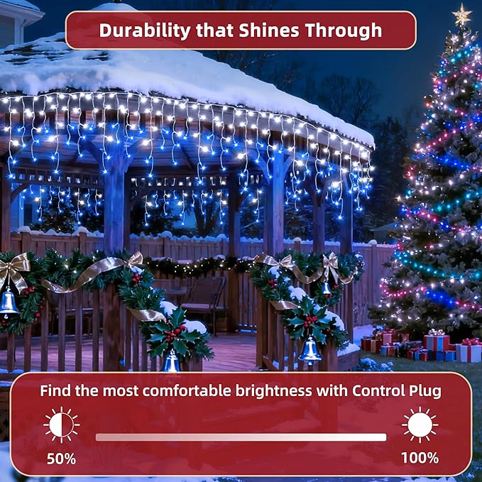 504 LED Christmas Lights Outdoor 50FT with 112 Drops, Christmas Decorations Hanging Lights 12 Modes, Dimmable Outsite Fairy String Lights for Wedding Party Holiday Winter Wonderland Decor Blue & White
