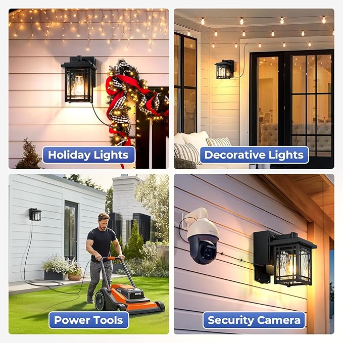 2-Pack Porch Light with GFCI Outlet, Black Dusk to Dawn Outdoor Lantern Wall Mount, Modern Outdoor Sconces Wall Lighting with Glass Shade, Waterproof Outdoor Light Fixtures for House, Garage