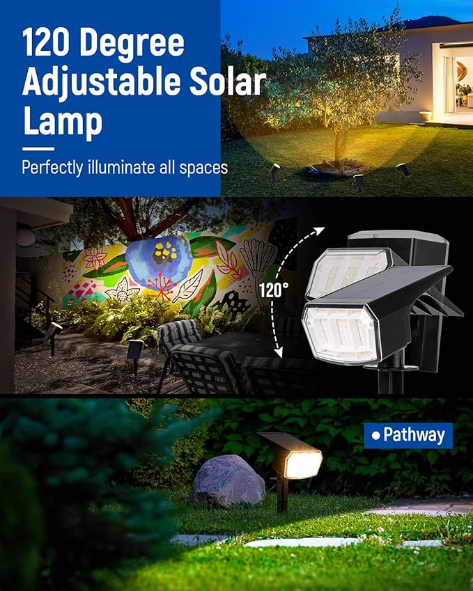 Solar spotlights Outdoor 63 LED 3 Lighting Modes, IP65 Waterproof Lighten Yard Garden House Garage Pathway for Christmas Decorations-4 Pack