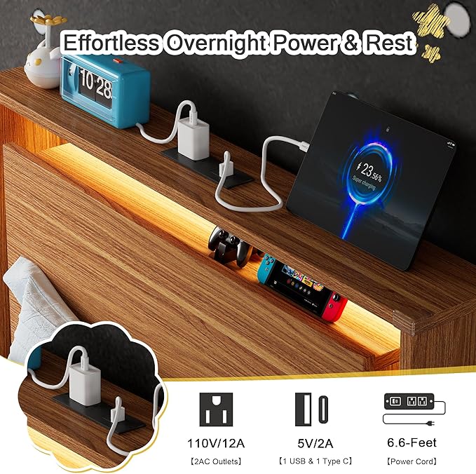 Twin Bed Frame with Storage Headboard & LED Lights – Wood Floating Bed Frame with Charging Station, Non-Slip Slat, Kick-Free & Noise-Free Design, Easy Assembly, Walnut
