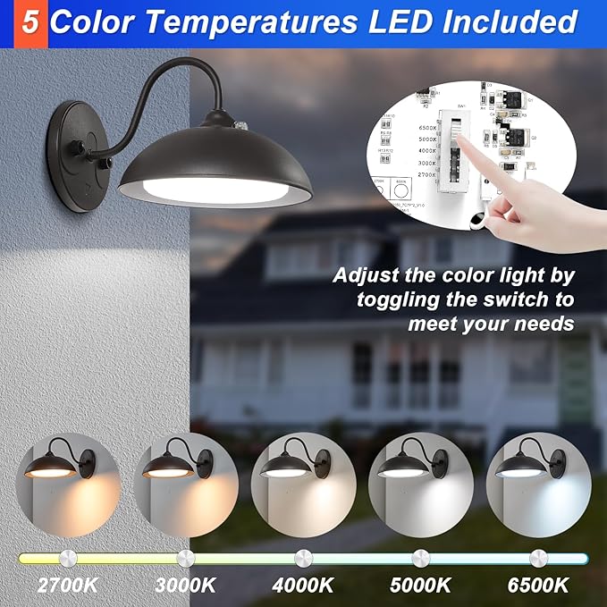 28W LED Gooseneck Barn Light with Dusk to Dawn Photocell, 8 inch Outdoor Farmhouse Wall Light - 5CCT Selectable, Outdoor LED Barn Lights for Garage Doorway, 120-277V UL Listed (2-Pack)