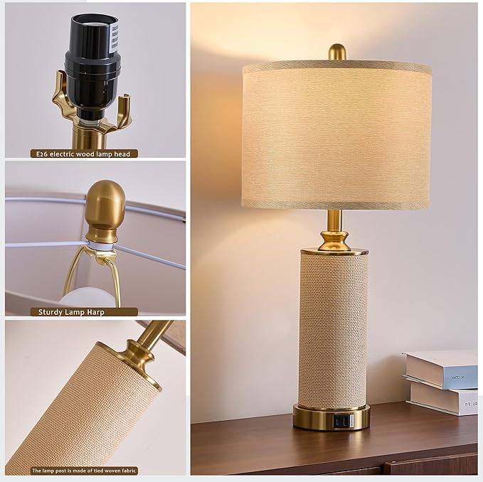 25.5" Boho Weaving Gold Large Table Lamps,Touch Control 3-Way Dimmable Farmhouse Bedside Lamps with USB A+C Charging Ports for Living Room/Bedroom/Office-with Ma Huang(LED Bulbs Included)