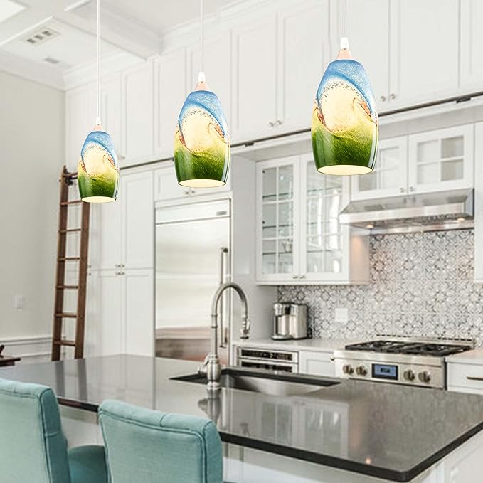 GO&SO 3 Pack Multi Color Pendant Light Shade Kitchen Island, Hand Blown Art Glass Cover Lamp Shade Replacement,Diamater 4", Height 7.8", Fitter 1.57", Oval Light Fixtures for Wall Sconces/Chandelier