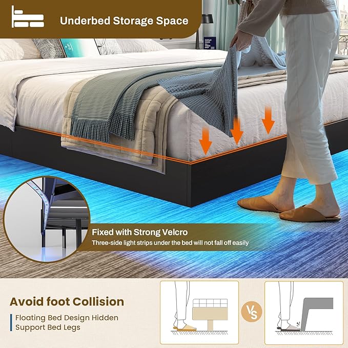 DICTAC King Floating Bed Frame with LED Lights and Storage Headboard, Visual Floating Bed with Charing Station, King Size Metal Platform Bed with Stable Structure, No Box Spring Need, Easy Assembly