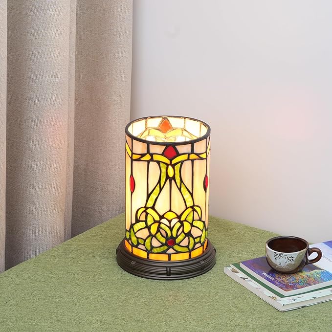 Tiffany Style Stained Glass Matam Table Lamp Living Room Bedroom Bedside Flower Vase Decor Small Night Light Cute Kids Accent E12 Led Cottage Aesthetic Nightstand Cylinder Vintage Desk Lamp