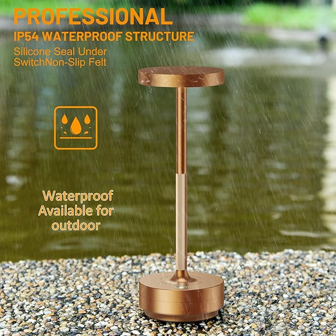 SAKRINGT 2 Pack Rechargeable Cordless Table Lamp - Battery Operated LED Portable Table Light with 3 Color Stepless Dimming, Memory Function - IP54 Waterproof for Outdoor, Restaurant, Patio, Camping