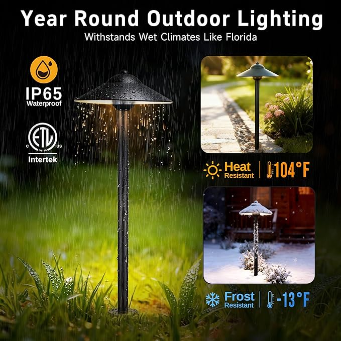 Gardenreet Brass Low Voltage Pathway Lights (9" Shade, 23.5" Tall) - Black 12V Path Light Waterproof, Wired Outdoor LED Landscape Area Lighting for Garden Walkway with 3W 270LM 5000K G4 Bulb (6 Pack)