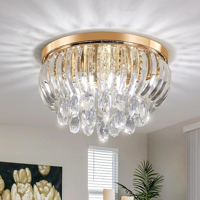 15.7 Inch Crystal Chandelier Gold,Modern 5-Lights Crystal Flush Mount LED K9 Chandeliers Light Fixture for Bedroom Dining Living Room Hallway E12