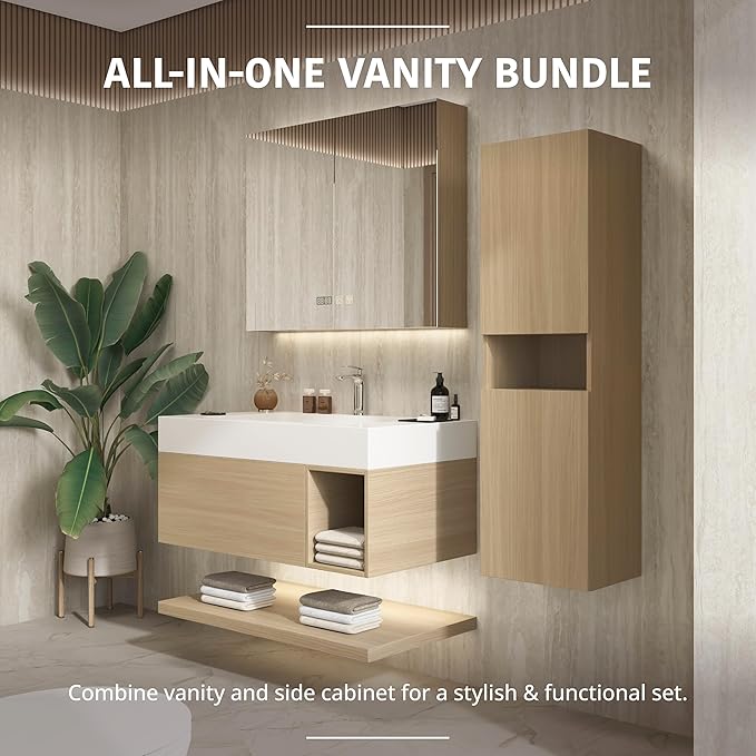 42" Modern Floating Bathroom Vanity Set with Sink, Side Cabinet, LED Smart Mirror Cabinet, Soft-Close Drawer & Open Storage Shelves, Light Oak