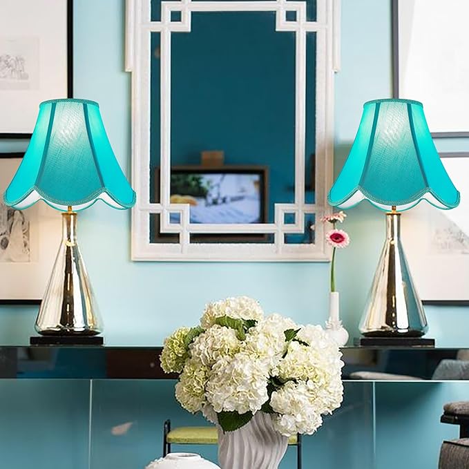 GO&SO Bell Lamp Shades Set of 2 Teal Lamp Shade -6x13x10.6" (Spider) Barrel Lamp Shades for Table Lamps,Floor Lamp,Fabric Replacement Lampshades Hand Crafted -Petal Edge Braid Design -Easy Assembly