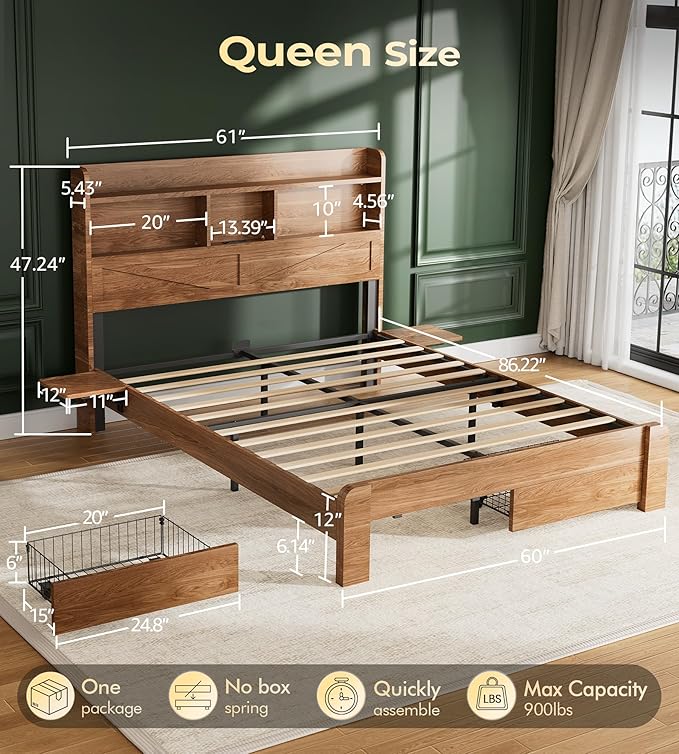 Queen Bed Frame with 2-Tier Storage Headboard, LED Lights, Charging Station, 2 Drawers, 900lbs Capacity, Wood & Metal Platform, Noise-Free, No Box Spring Needed, Barn Door Design
