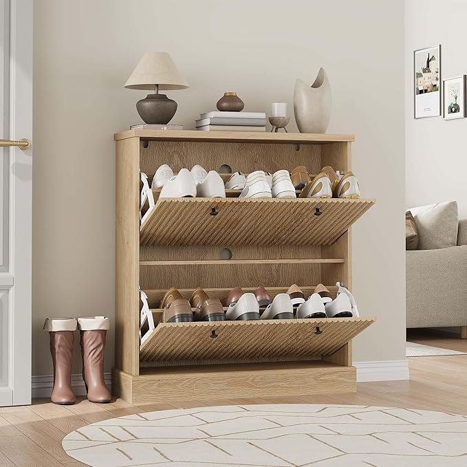 GarveeHome Shoe Cabinet with 2 Flip Drawers, Hidden Wooden Fluted Shoe Cabinet with Adjustable Shelf, Freestanding Shoe Storage Cabinet for Entryway Hallway, Living Room, Natural Oak