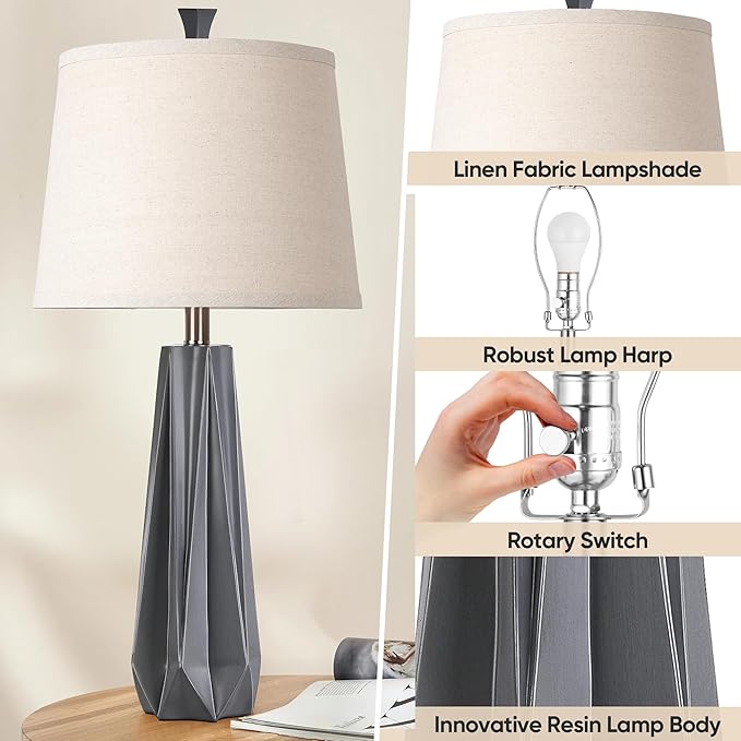WIHTU 3 Color Temperature Table Lamps Set of 2, 27'' Grey Modern Table Lamp for Living Room, Beside Lamp with Linen Shade, Resin Desk Lamp for Nightstands Bedroom Decor (2 Bulbs Included)