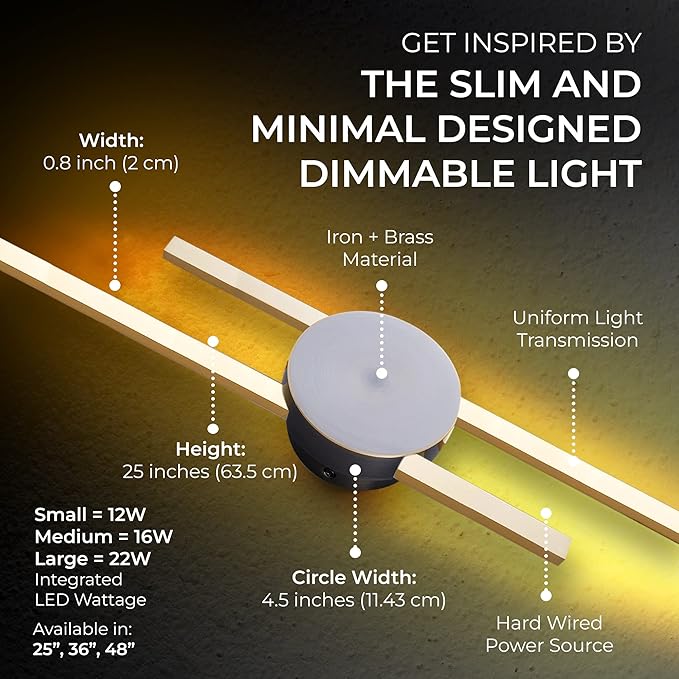 Ozarke Elles Minimalist LED Light Sconce, Modern Linear Wall Lamp, Black, Gold, Warm White, Cold White, UL Listed (Warm 3000k - Dimmable, 36 inches Black Circle - Gold Bars)