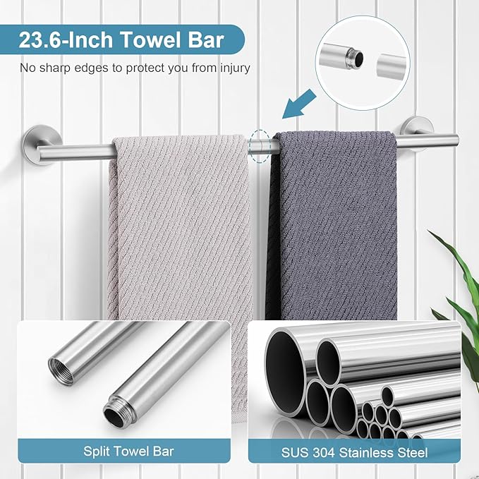 TQKAG Brushed Nickel Bathroom Hardware Accessories Set - 10-Piece Premium SUS304 Stainless Steel Towel Bar Holder Set with 23.6 Inch Round Towel Racks for Wall Mounted Bathroom